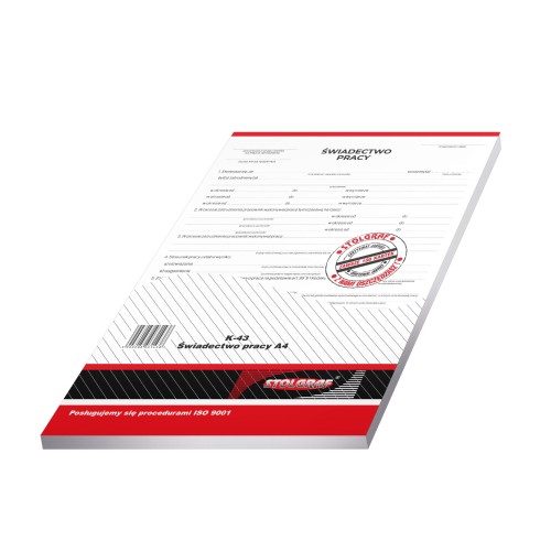 K-43 DRUK Świadectwo pracy A4 offset 100 kartek - STOLGRAF
